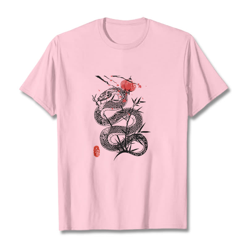 Camiseta de algodón con diseño de serpiente, hojas de bambú y farolillos de Buddha Stones - Rosa claro - 2XL - image 19