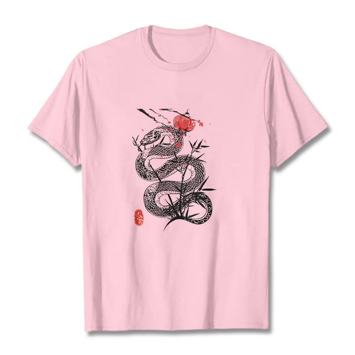 Camiseta de algodón con diseño de serpiente, hojas de bambú y farolillos de Buddha Stones - Rosa claro - 2XL - image 19