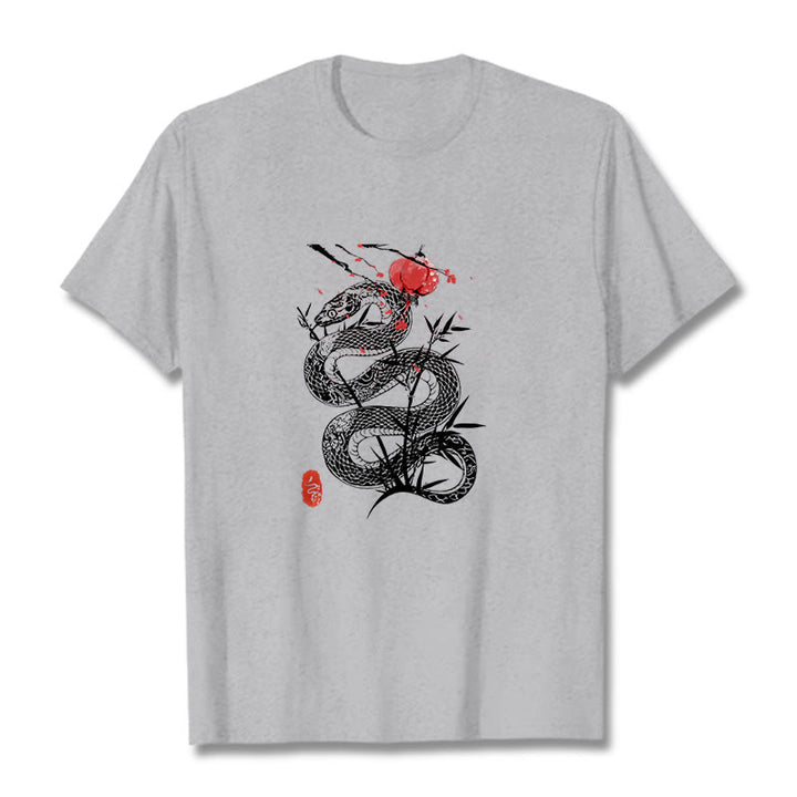 Camiseta de algodón con diseño de serpiente, hojas de bambú y farolillos de Buddha Stones - Gris claro - 2XL - image 11