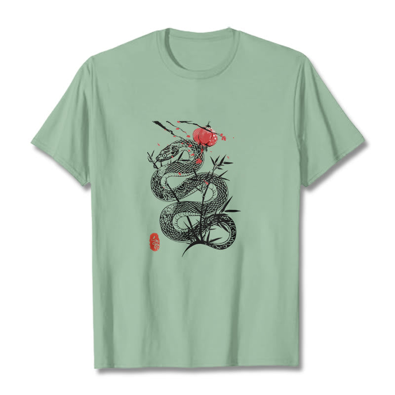 Camiseta de algodón con diseño de serpiente, hojas de bambú y farolillos de Buddha Stones - Verde pálido - 2XL - image 14