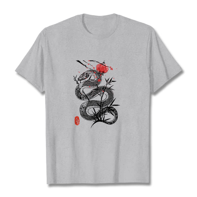 Camiseta de algodón con diseño de serpiente, hojas de bambú y farolillos de Buddha Stones - Gris claro - 2XL - image 12