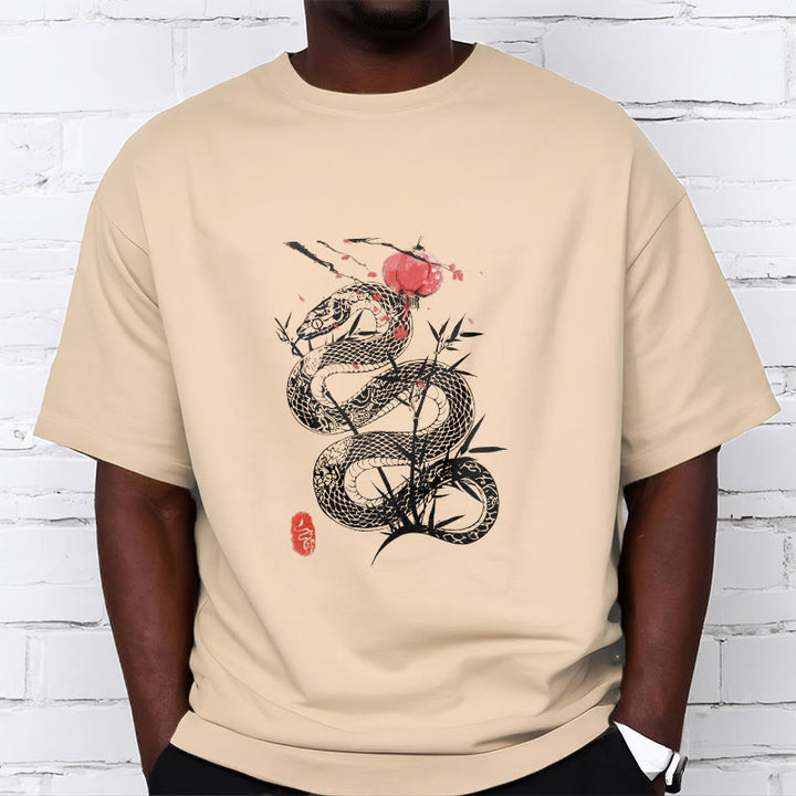 Camiseta de algodón con diseño de serpiente, hojas de bambú y farolillos de Buddha Stones - image 13