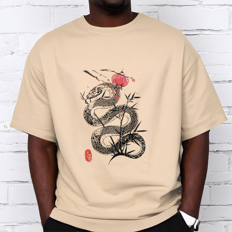 Camiseta de algodón con diseño de serpiente, hojas de bambú y farolillos de Buddha Stones - image 14
