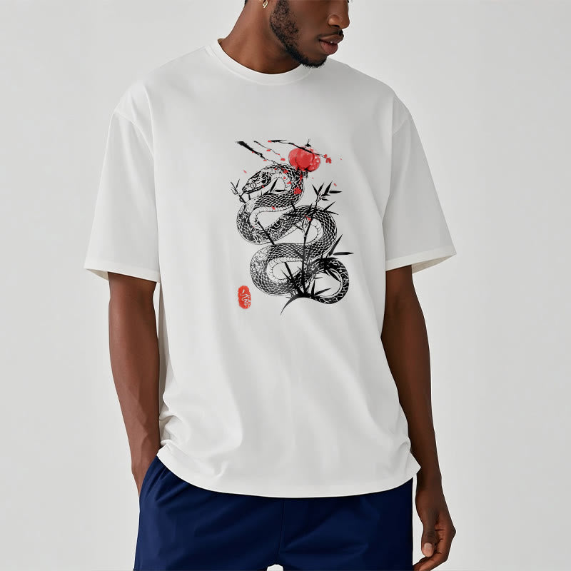 Camiseta de algodón con diseño de serpiente, hojas de bambú y farolillos de Buddha Stones - Blanco - 2XL - image 7