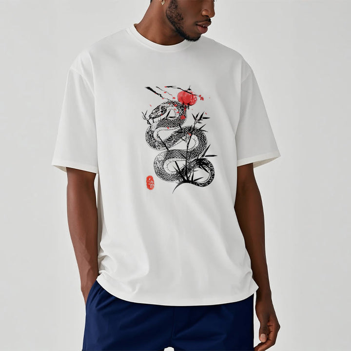 Camiseta de algodón con diseño de serpiente, hojas de bambú y farolillos de Buddha Stones - Blanco - 2XL - image 8
