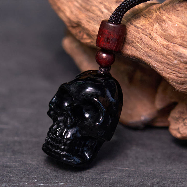 Collar con colgante de esqueleto Shmashana con cuerda de obsidiana negra y Buddha Stones