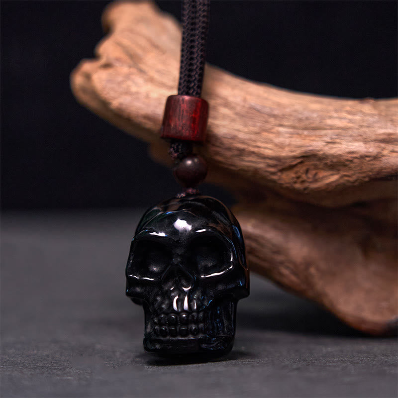 Collar con colgante de esqueleto Shmashana con cuerda de obsidiana negra y Buddha Stones