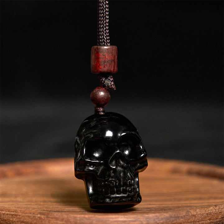 Collar con colgante de esqueleto Shmashana con cuerda de obsidiana negra y Buddha Stones