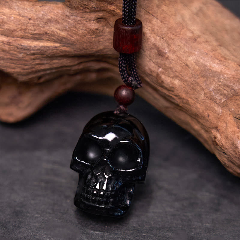 Collar con colgante de esqueleto Shmashana con cuerda de obsidiana negra y Buddha Stones