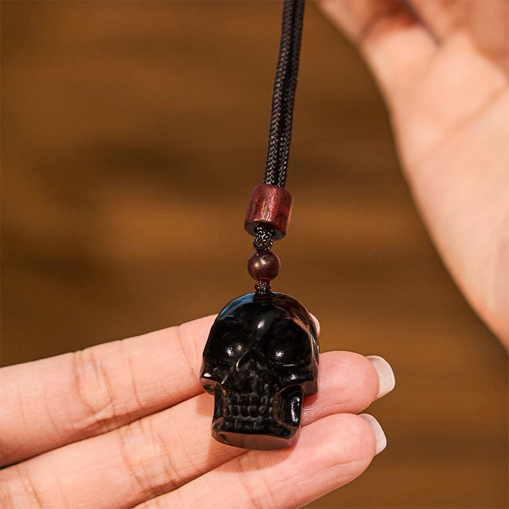 Collar con colgante de esqueleto Shmashana con cuerda de obsidiana negra y Buddha Stones