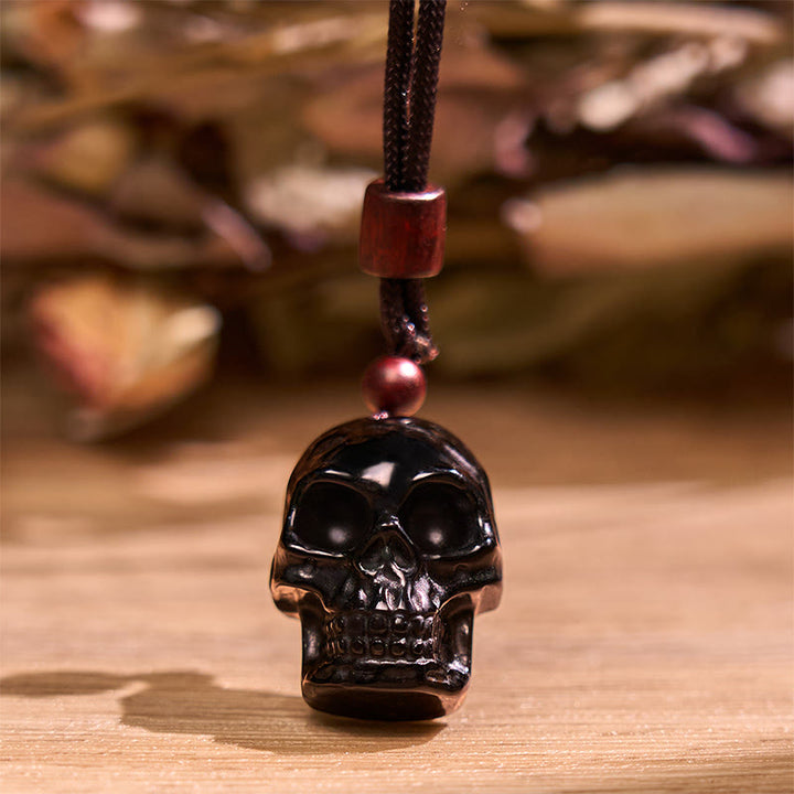 Collar con colgante de esqueleto Shmashana con cuerda de obsidiana negra y Buddha Stones