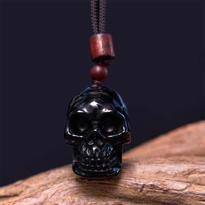 Collar con colgante de esqueleto Shmashana con cuerda de obsidiana negra y Buddha Stones