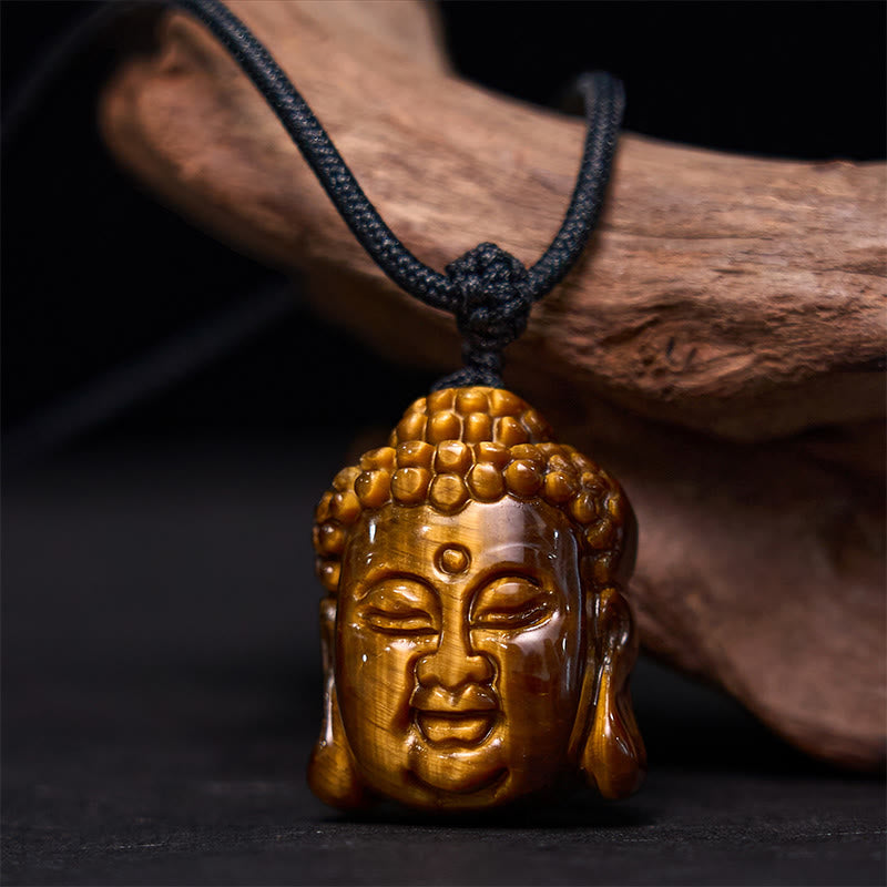 Collar con colgante de cabeza de Buda con Buddha Stones y ojo de tigre - Cuerda negra de ojo de tigre - image 1