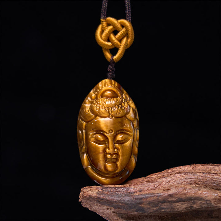 Collar con colgante de fuerza con cuerda y cabeza de Avalokitesvara, Kwan Yin, ojo de tigre y Buddha Stones