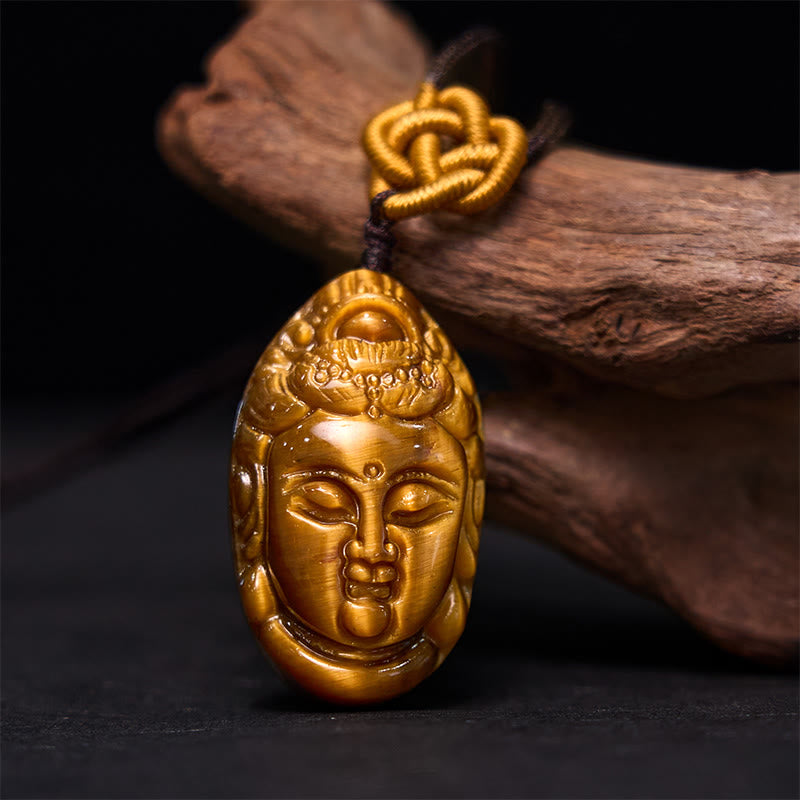 Collar con colgante de fuerza con cuerda y cabeza de Avalokitesvara, Kwan Yin, ojo de tigre y Buddha Stones