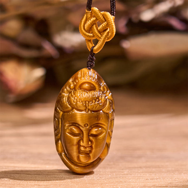 Collar con colgante de fuerza con cuerda y cabeza de Avalokitesvara, Kwan Yin, ojo de tigre y Buddha Stones