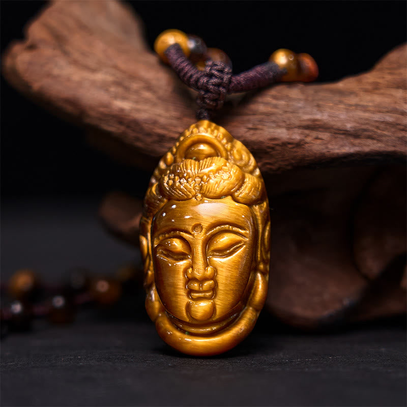 Collar con colgante de fuerza con cuerda y cabeza de Avalokitesvara, Kwan Yin, ojo de tigre y Buddha Stones
