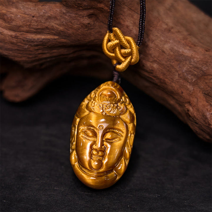 Collar con colgante de fuerza con cuerda y cabeza de Avalokitesvara, Kwan Yin, ojo de tigre y Buddha Stones