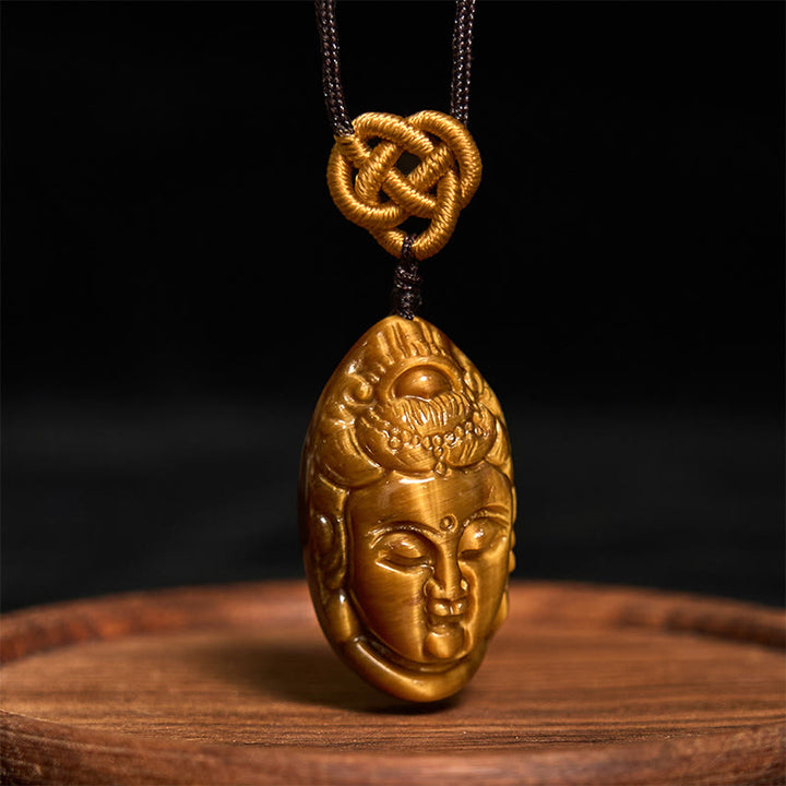 Collar con colgante de fuerza con cuerda y cabeza de Avalokitesvara, Kwan Yin, ojo de tigre y Buddha Stones