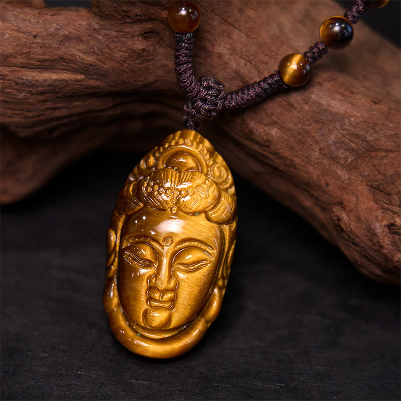 Collar con colgante de fuerza con cuerda y cabeza de Avalokitesvara, Kwan Yin, ojo de tigre y Buddha Stones