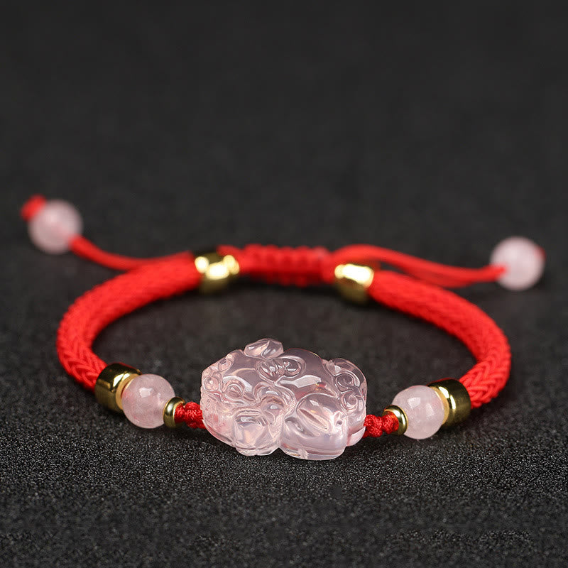 Pulsera trenzada de cristal rosa PiXiu con Buddha Stones