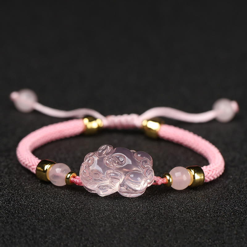 Pulsera trenzada de cristal rosa PiXiu con Buddha Stones