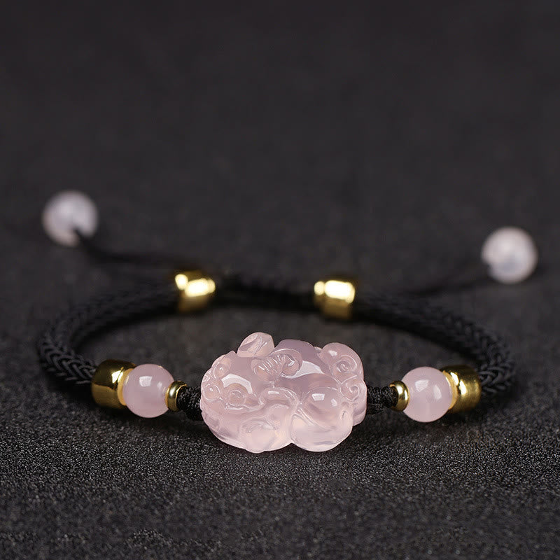 Pulsera trenzada de cristal rosa PiXiu con Buddha Stones