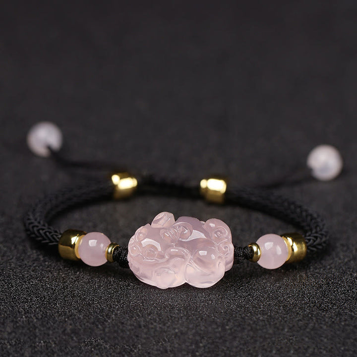 Pulsera trenzada de cristal rosa PiXiu con Buddha Stones