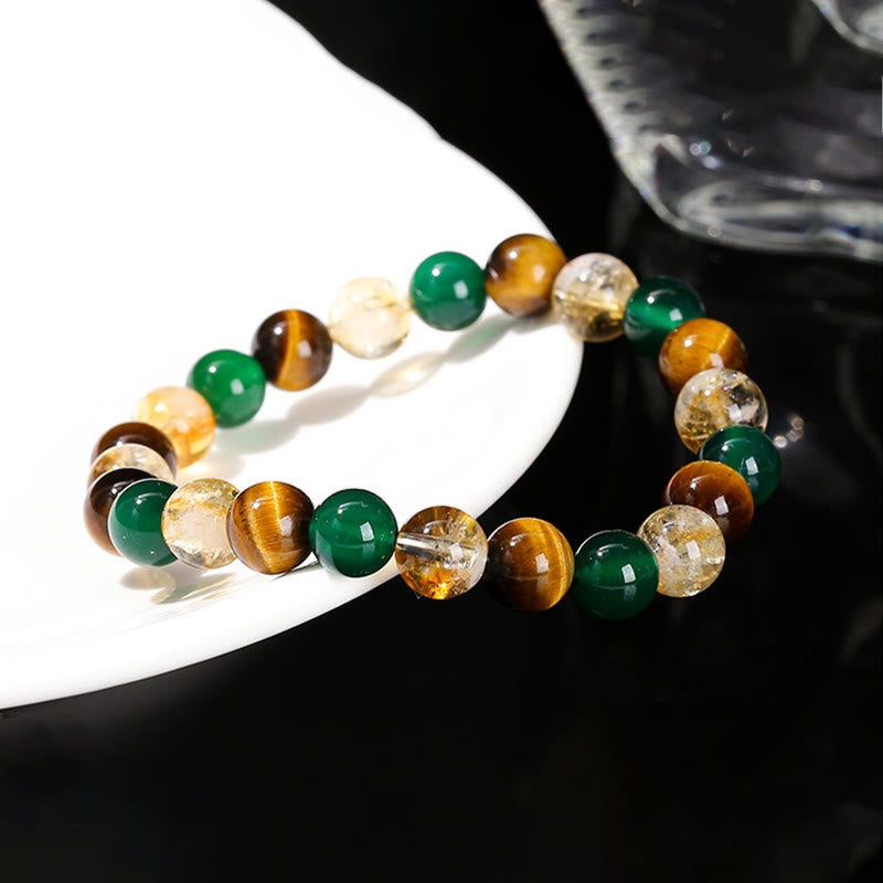 Pulsera de protección con cuentas combinadas de citrino, ágata verde y ojo de tigre natural y Buddha Stones