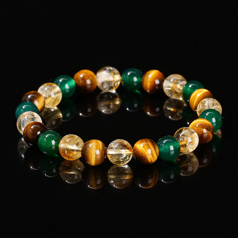 Pulsera de protección con cuentas combinadas de citrino, ágata verde y ojo de tigre natural y Buddha Stones - Ágata verde ojo de tigre, citrino (circunferencia de la muñeca: 15-16 cm) - image 1