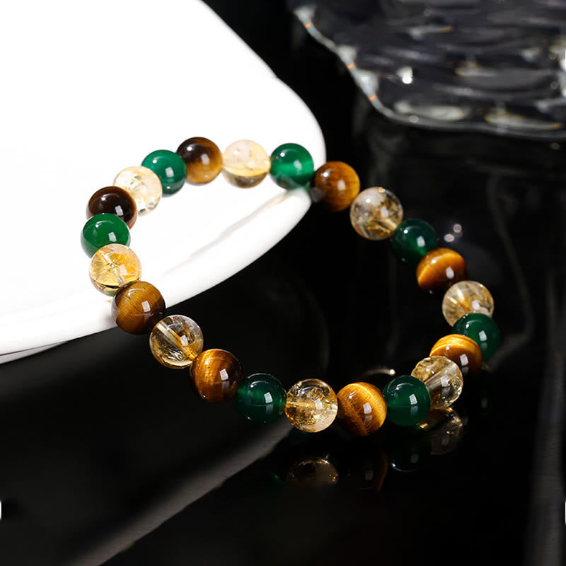 Pulsera de protección con cuentas combinadas de citrino, ágata verde y ojo de tigre natural y Buddha Stones