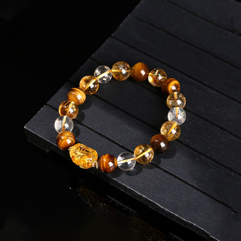 Pulsera de fuerza Pixiu de cera de abejas, citrino, ojo de tigre amarillo natural y Buddha Stones