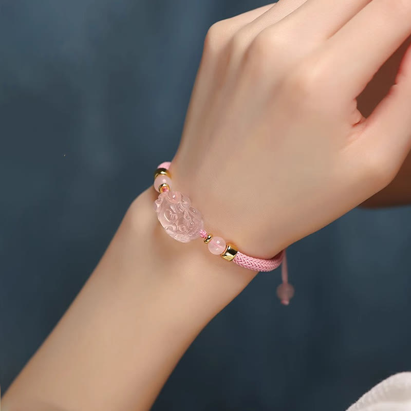 Pulsera trenzada de cristal rosa PiXiu con Buddha Stones