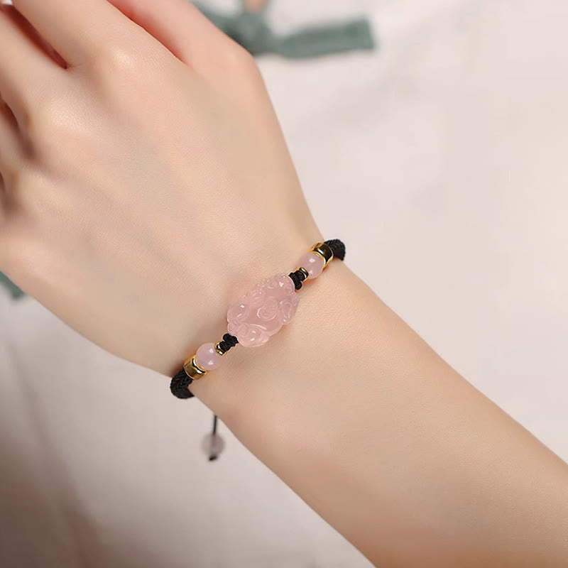 Pulsera trenzada de cristal rosa PiXiu con Buddha Stones