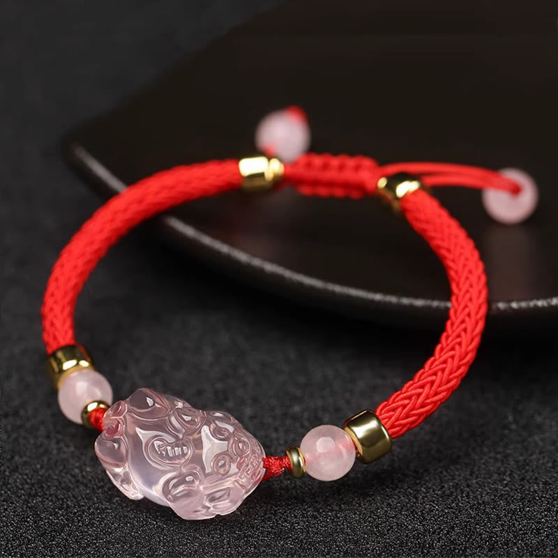 Pulsera trenzada de cristal rosa PiXiu con Buddha Stones