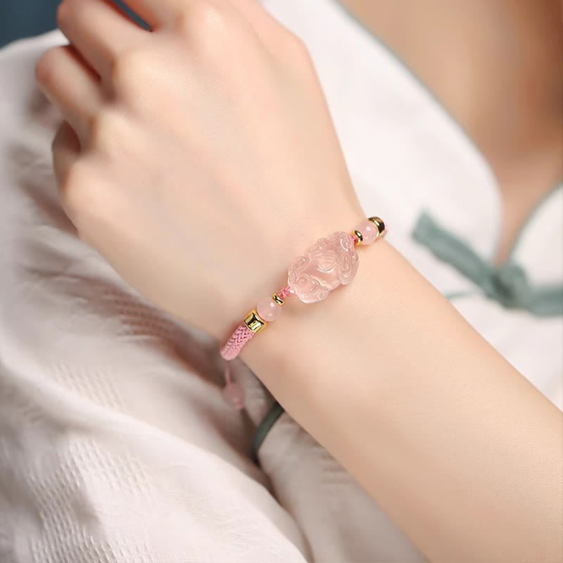 Pulsera trenzada de cristal rosa PiXiu con Buddha Stones
