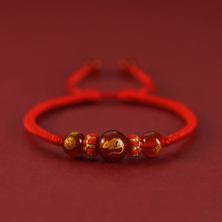 Pulsera trenzada de protección con hilo rojo del zodíaco chino y ágata roja hecha a mano con Buddha Stones - Ágata roja del zodíaco chino - Rata - image 1