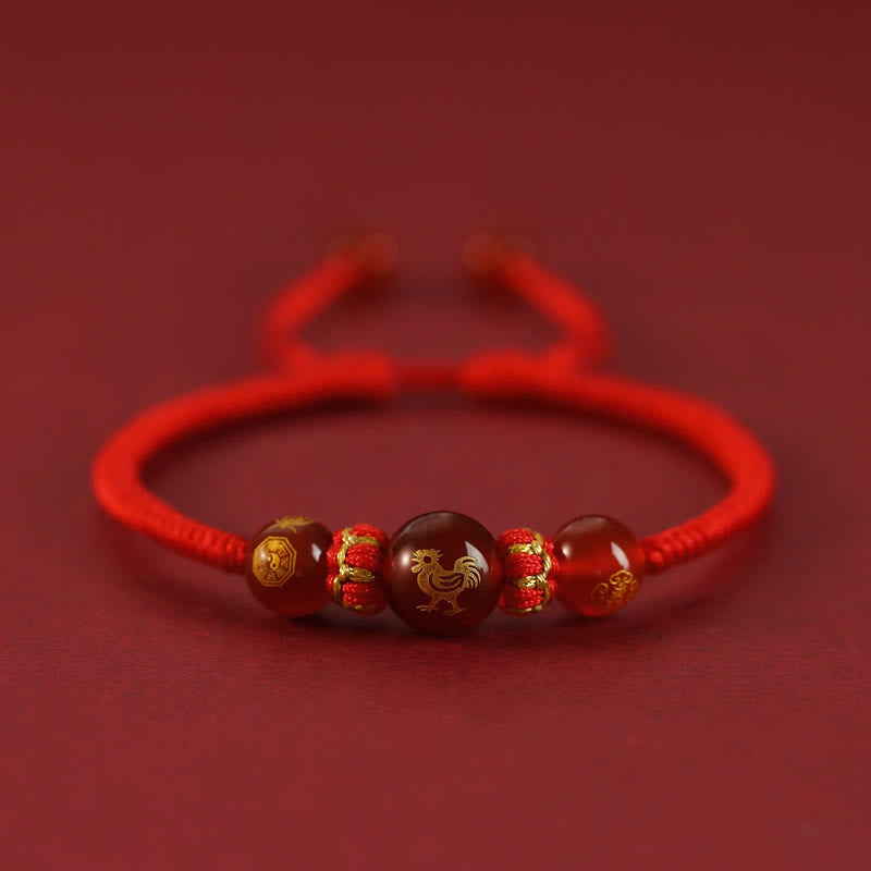 Pulsera trenzada de protección con hilo rojo del zodíaco chino y ágata roja hecha a mano con Buddha Stones - Ágata roja del zodiaco chino - Gallo - image 23