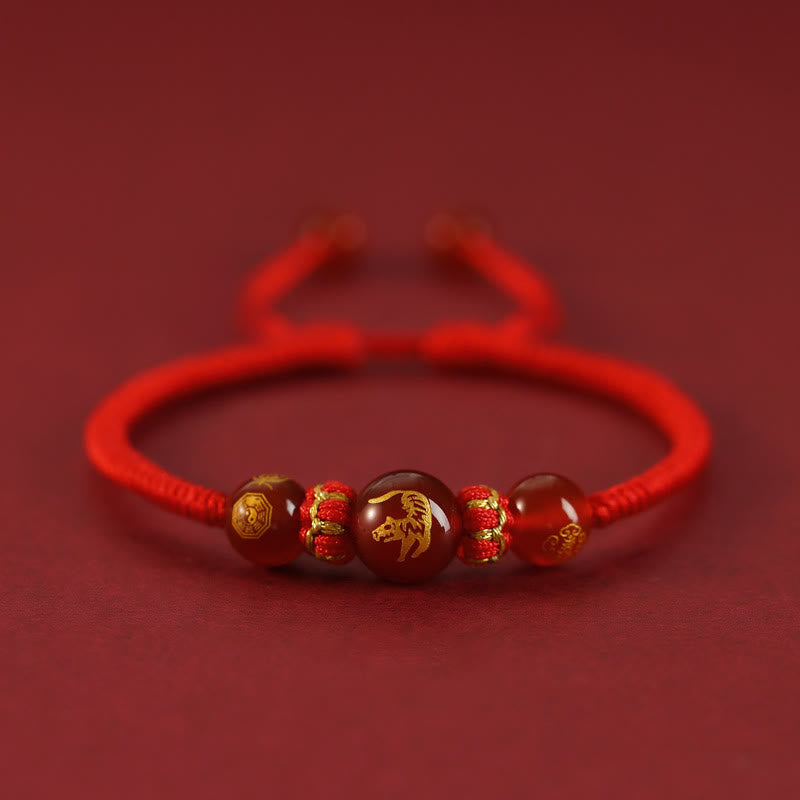 Pulsera trenzada de protección con hilo rojo del zodíaco chino y ágata roja hecha a mano con Buddha Stones - Ágata roja del zodiaco chino - Tigre - image 3
