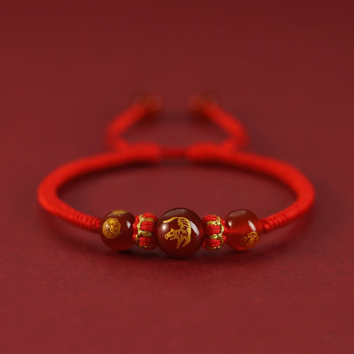 Pulsera trenzada de protección con hilo rojo del zodíaco chino y ágata roja hecha a mano con Buddha Stones - Ágata roja del zodiaco chino - Tigre - image 3