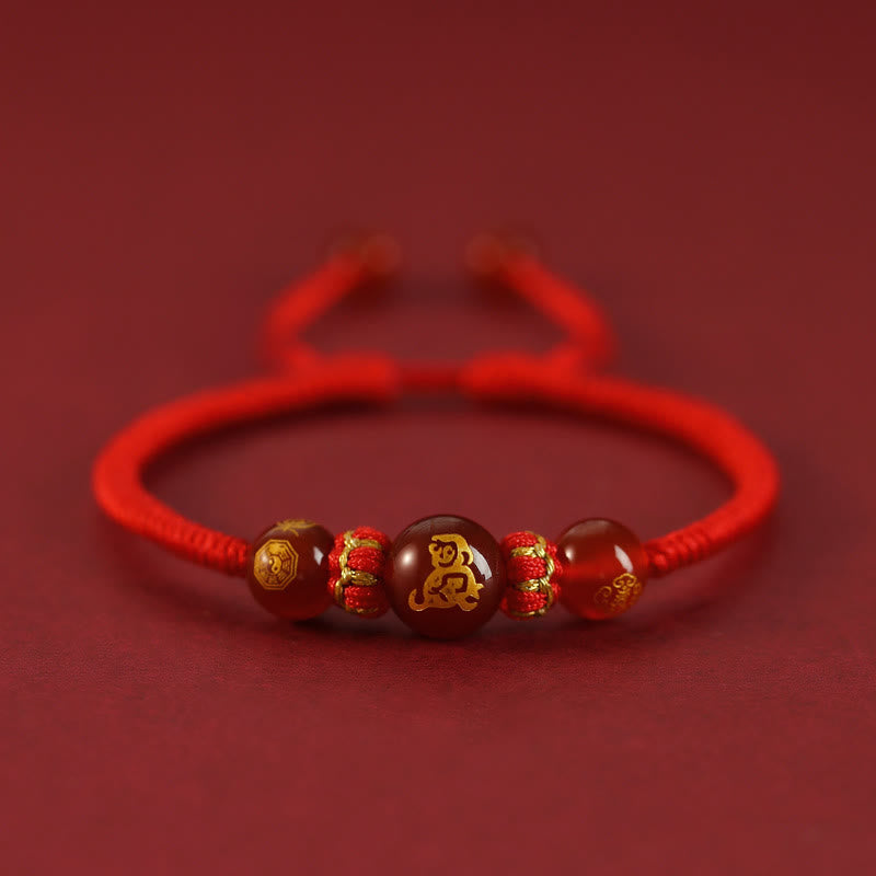 Pulsera trenzada de protección con hilo rojo del zodíaco chino y ágata roja hecha a mano con Buddha Stones - Ágata roja del zodiaco chino - Mono - image 22