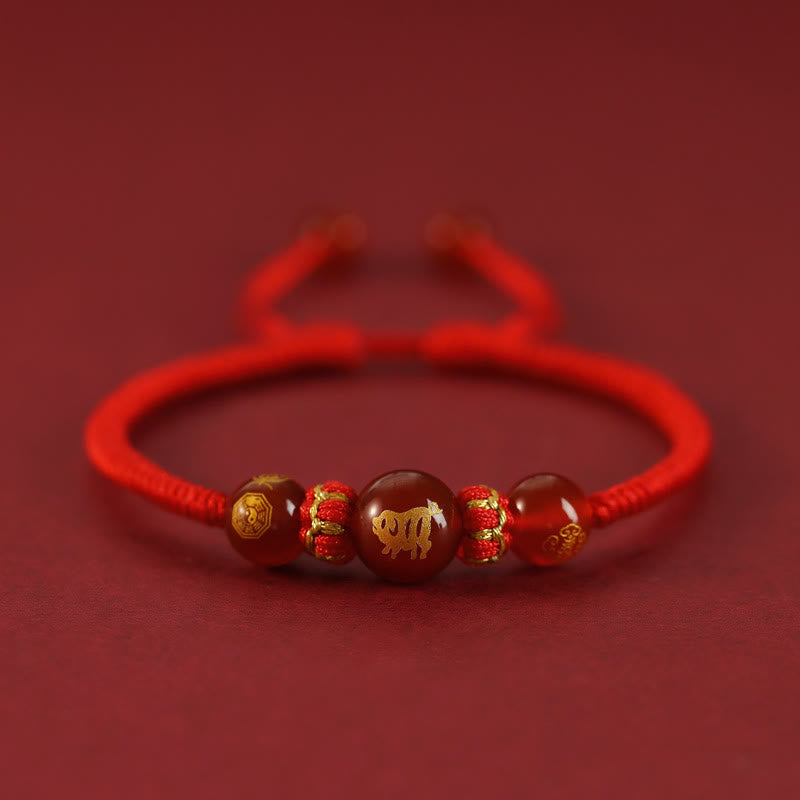 Pulsera trenzada de protección con hilo rojo del zodíaco chino y ágata roja hecha a mano con Buddha Stones - Ágata roja del zodiaco chino - Cerdo - image 25