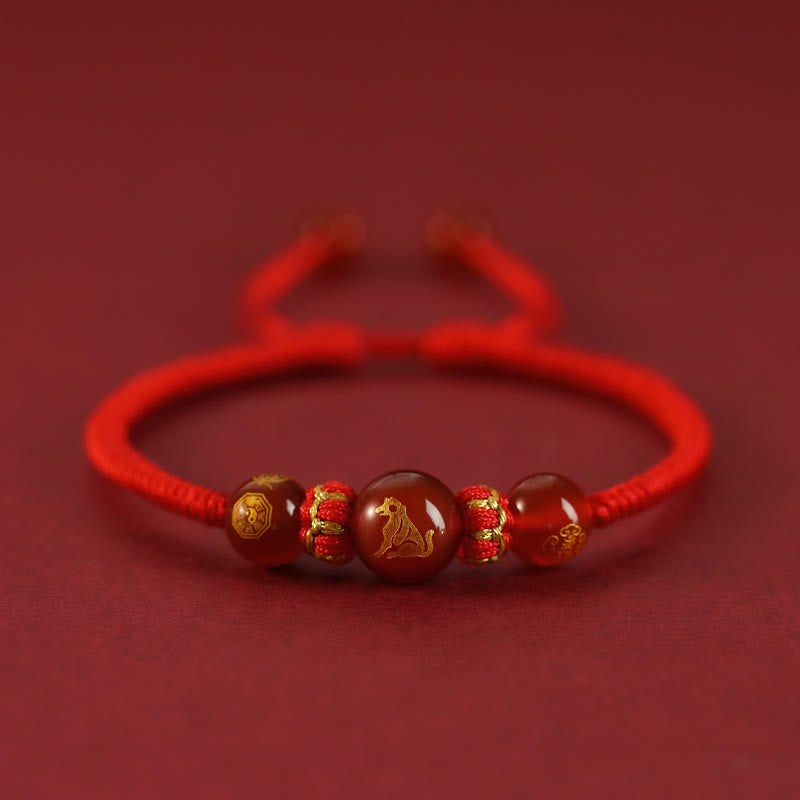 Pulsera trenzada de protección con hilo rojo del zodíaco chino y ágata roja hecha a mano con Buddha Stones - Ágata roja del zodiaco chino - Perro - image 24