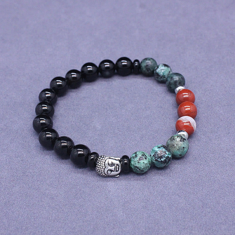 Pulsera de protección para cabeza de Buda de colores variados con Buddha Stones, ónix negro natural, piedra blanca, aventurina verde, ojo de tigre y ágata