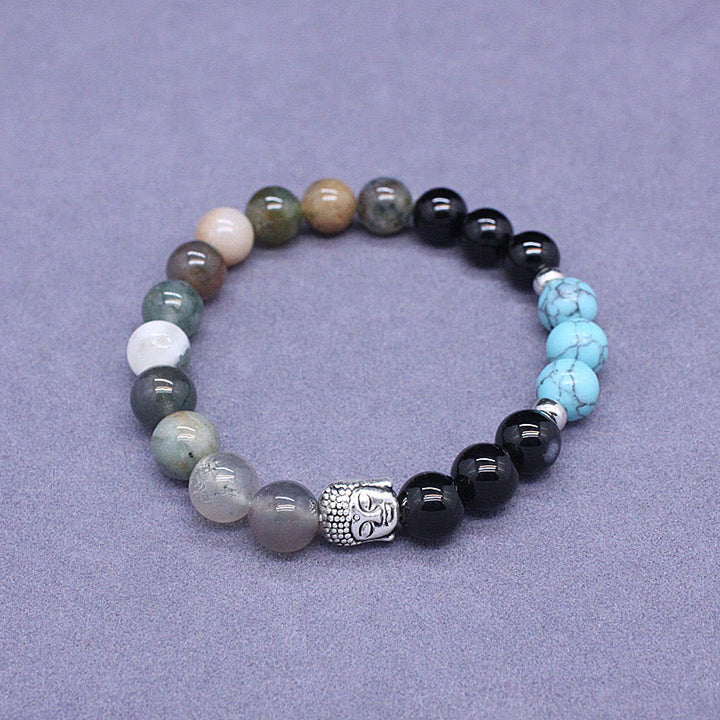 Pulsera de protección para cabeza de Buda de colores variados con Buddha Stones, ónix negro natural, piedra blanca, aventurina verde, ojo de tigre y ágata