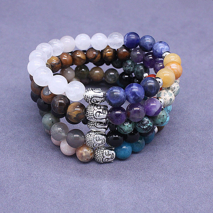 Pulsera de protección para cabeza de Buda de colores variados con Buddha Stones, ónix negro natural, piedra blanca, aventurina verde, ojo de tigre y ágata
