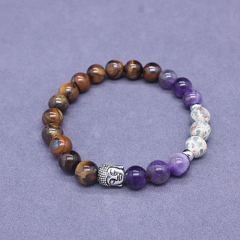 Pulsera de protección para cabeza de Buda de colores variados con Buddha Stones, ónix negro natural, piedra blanca, aventurina verde, ojo de tigre y ágata