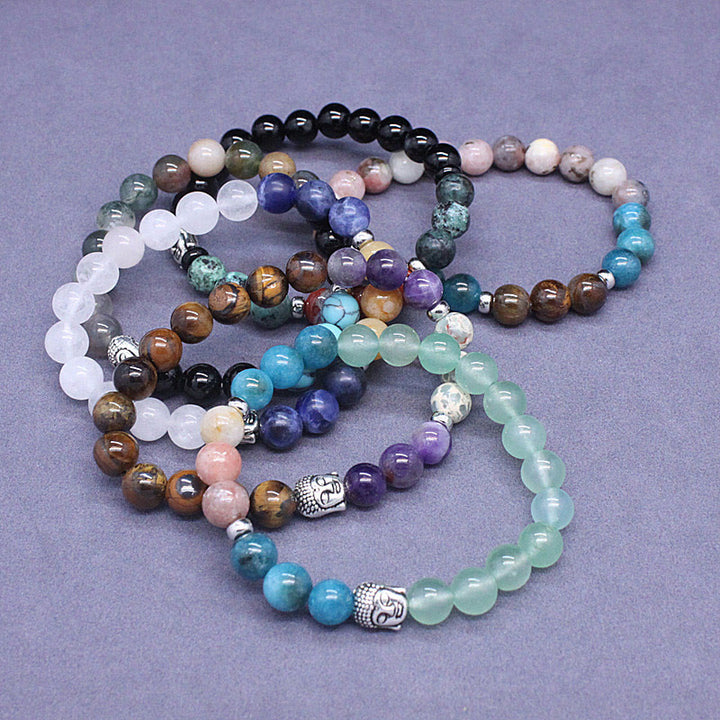 Pulsera de protección para cabeza de Buda de colores variados con Buddha Stones, ónix negro natural, piedra blanca, aventurina verde, ojo de tigre y ágata