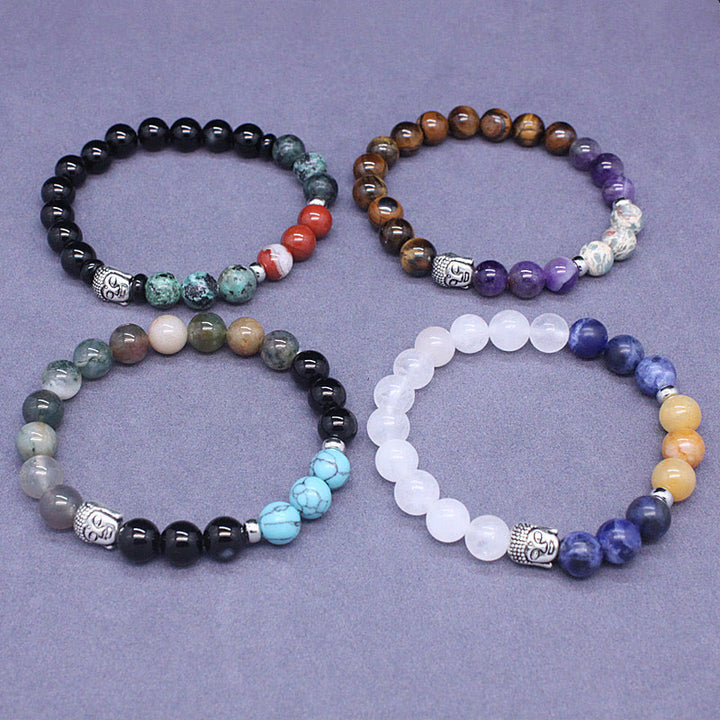Pulsera de protección para cabeza de Buda de colores variados con Buddha Stones, ónix negro natural, piedra blanca, aventurina verde, ojo de tigre y ágata