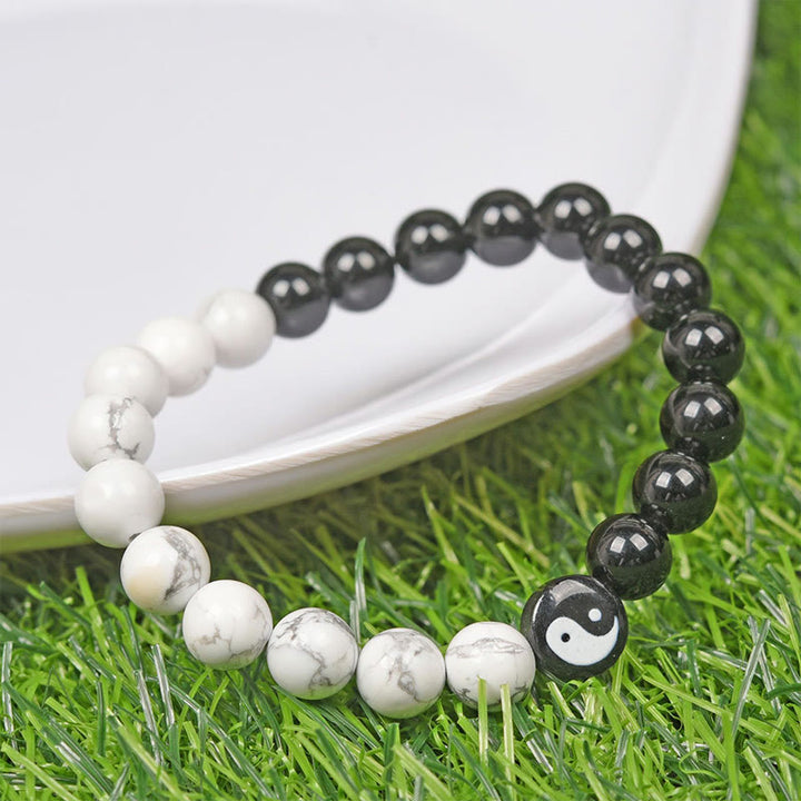Pulsera de fuerza Yinyang Tai Chi con obsidiana natural, turquesa blanca y Buddha Stones